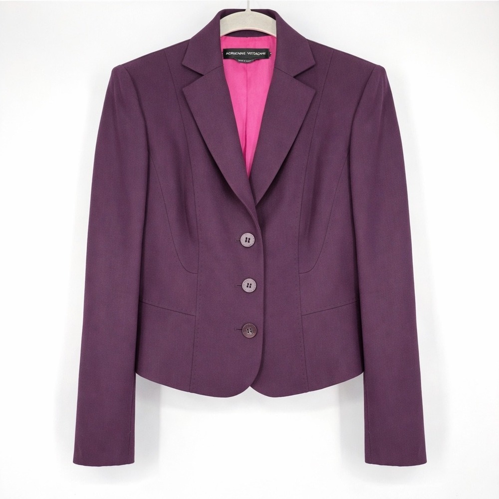 Adrienne Vittadini Wool Blazer Sz 2 Purple Pink Tailored Cropped Retro Stitching